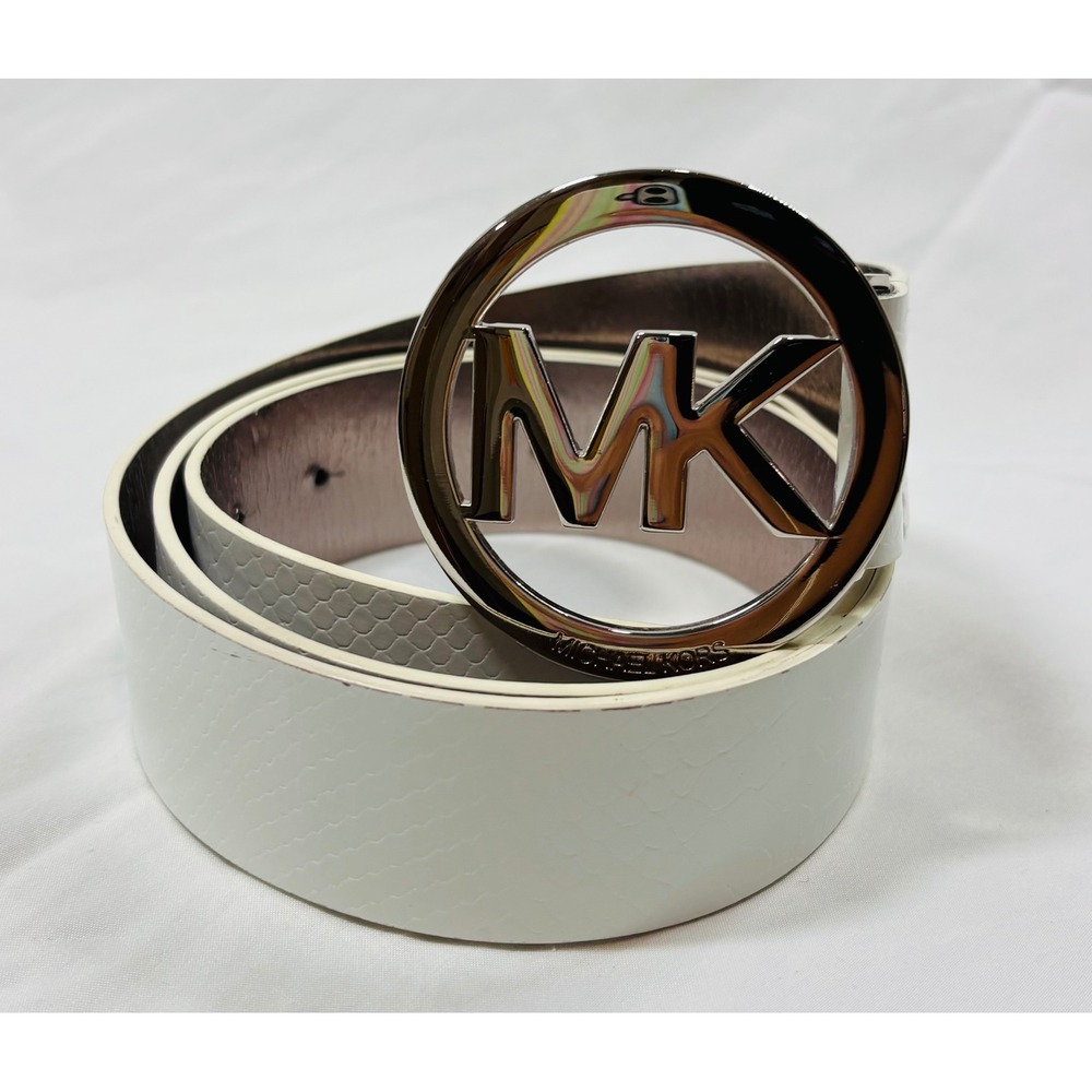 Michael Kors Womens White Snakeskin Embossed Logo Buckle Belt Silver Hardware XL